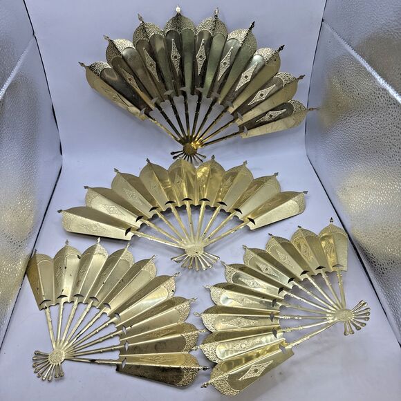 Vtg Home Interiors Gold Tone Fans Set Of 4 Wall Hanging Decor Oriental - Picture 2 of 7